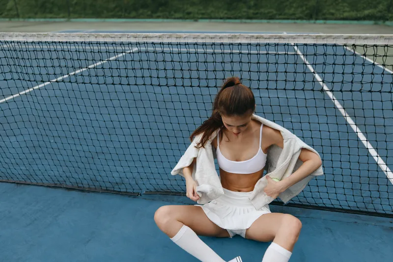 Young model in athletic wear sitting on a tennis court, displaying confidence and energy, perfect for sports and fitness concepts
