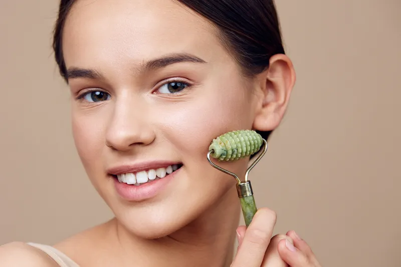 Young woman enjoying a jade roller facial treatment, showcasing glowing skin and a serene expression, ideal for skincare and beauty concepts