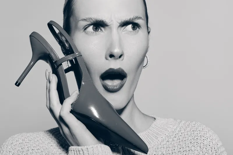 Young Caucasian woman with light skin holds red high heel shoe near face with surprised expression on neutral background.