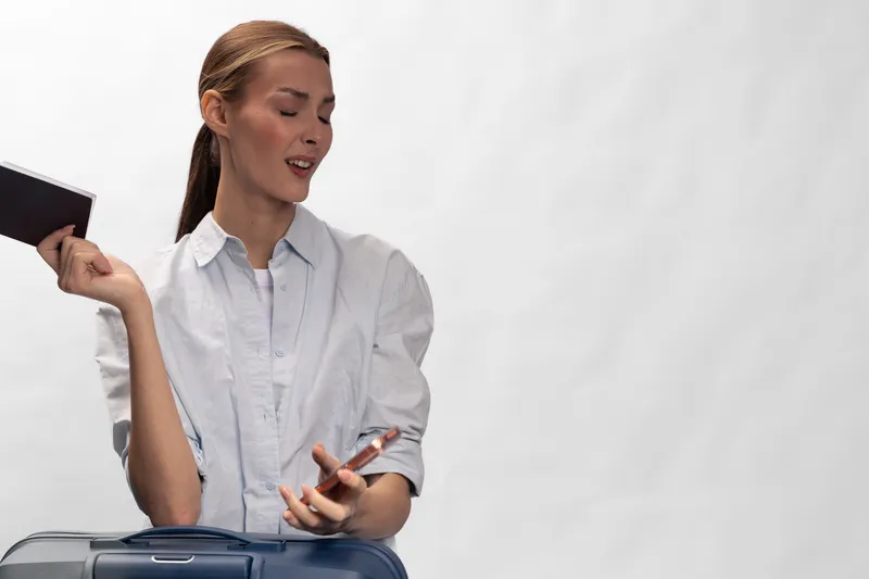 Young woman holding passport and smartphone sits on suitcase looking away thoughtful. Travel concept with casual dressed female preparing for trip on white background.