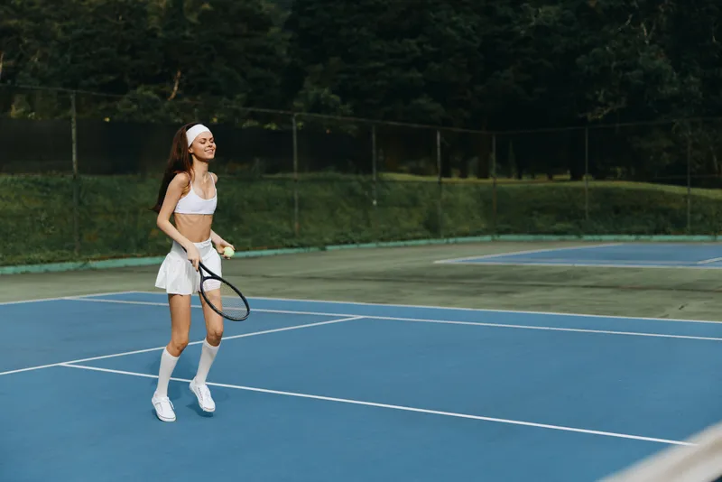 Young sporty woman enjoying tennis, wearing white athletic outfit, smiling joyfully on court, sunny day with green background and blue surface