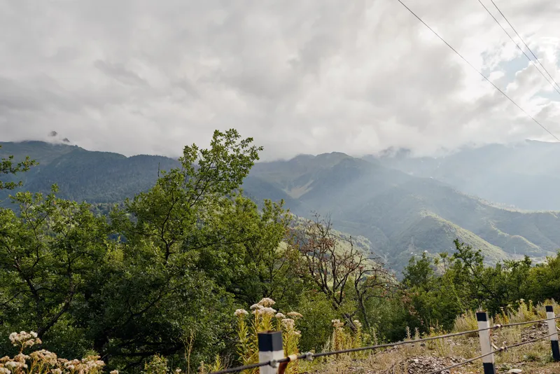 Mountain landscape with fence posts and barbed wire in foreground, nature scene with cloudy sky, green hills and vegetation, misty valleys and rolling terrain, atmospheric scenery