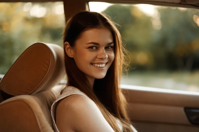 Young woman smiling in a car with a sunny background, showcasing a carefree summer vibe, embodying joy and happiness.