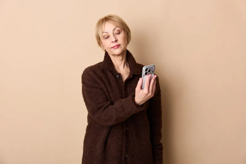 Woman with smartphone, portrait of concerned female in beige studio, standing indoors with tired nervous expression, concept of anxiety stress burnout and modern communication