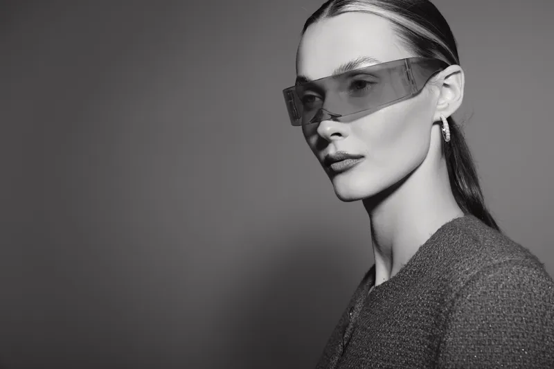 Portrait of a young white woman with light skin wearing futuristic sunglasses and textured jacket in black and white studio lighting concept for fashion.