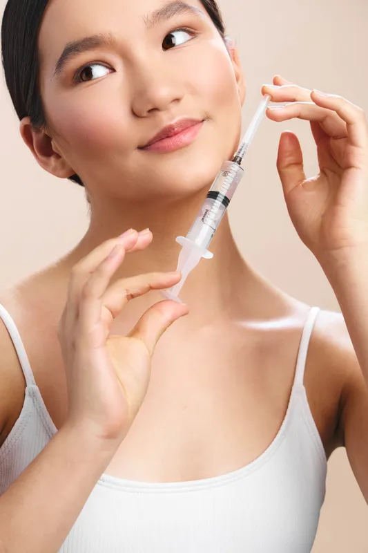 asian woman preparing a syringe for a cosmetic injection in a clinical setting, smiling softly and exuding calm confidence during a beauty treatment.