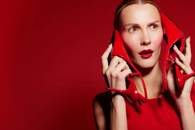 Young woman in red dress holds red high heels near face on red background. Concept for fashion, style, beauty, and bold color contrast in studio portrait.