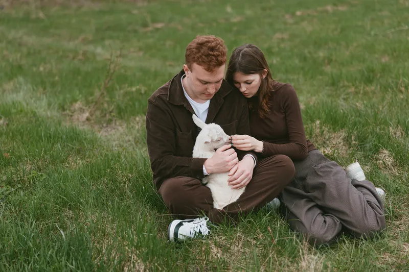 Goat kid couple field grass meadow outdoor scene, couple softly pet a white goat kid, tender moment of connection with animals and nature. Warm natural light creates a calm, pleasant mood.