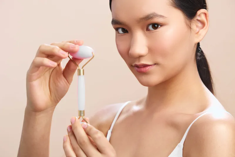 asian woman using a facial roller in a clean studio, focused and serene, showcasing a modern skincare routine and self care in a calm environment.