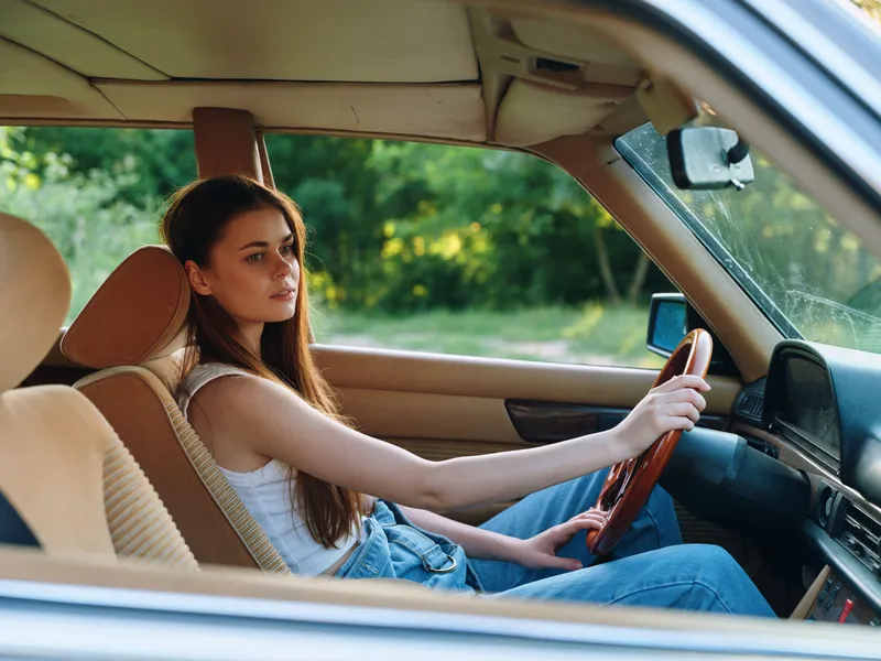 Young woman driving a vintage car, showcasing relaxed emotions and stylish denim outfit in a lush green environment.