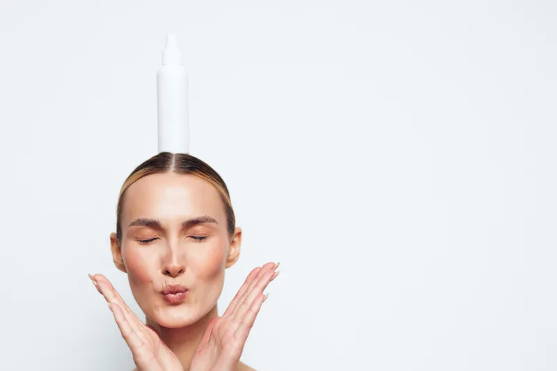 Brunette young woman balances a white bottle on her forehead and blows a kiss, a playful close-up on a plain white background, conveying skincare and self-care.