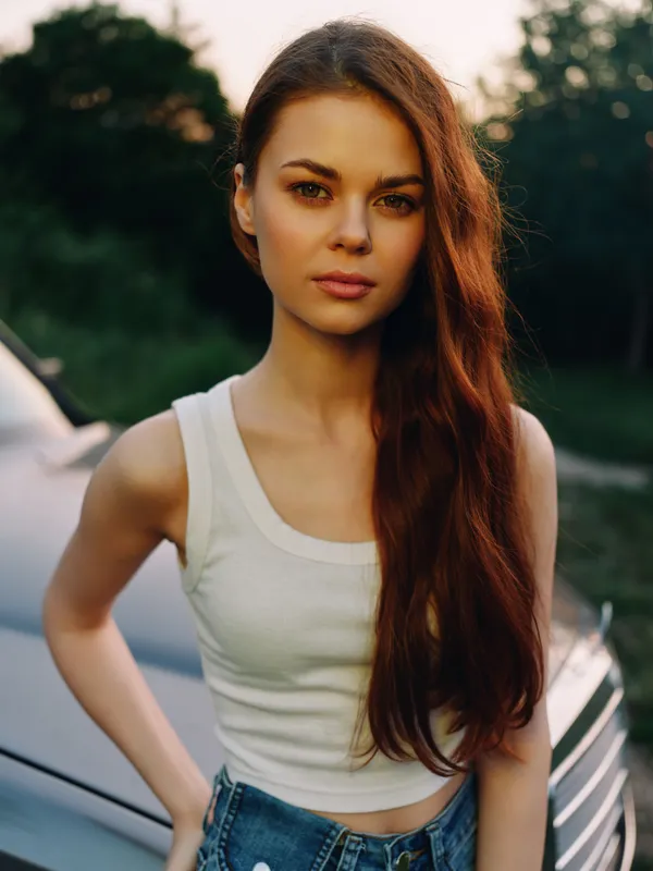 Beautiful young woman with long hair in a sleeveless top outdoors, evoking confidence and serenity in a natural setting at sunset.