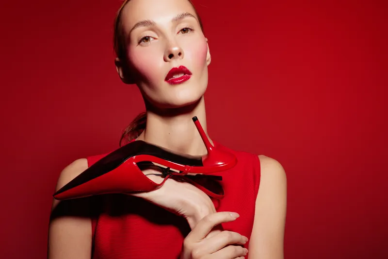 Fashion model with red lipstick and red dress holds red high heel shoe near face on red background. Concept of style, elegance, beauty, and modern fashion photography.