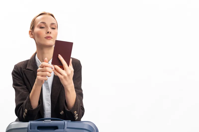 Young woman in formal jacket applies makeup using a compact mirror while sitting behind a suitcase on white background. Concept for travel, business, and personal care.