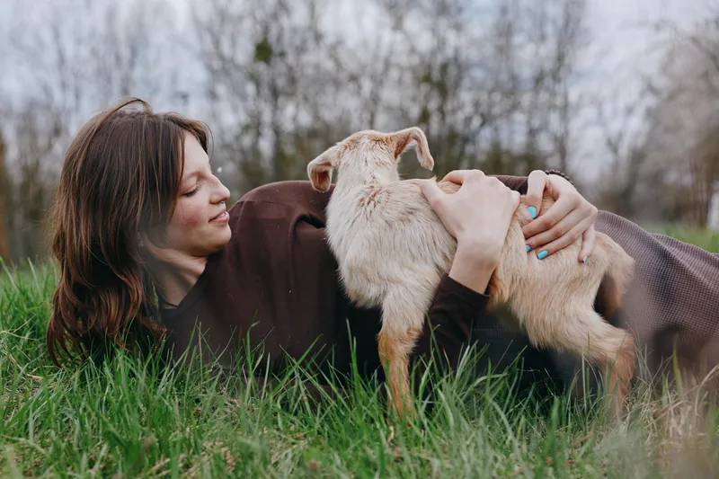 Young woman lying on grass beside gentle goats in a meadow, capturing bonding, care, and joy in a natural outdoor setting with soft daylight and a relaxed mood.