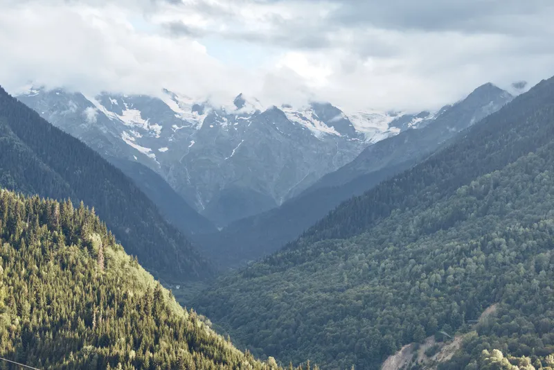Mountain valley with dense forest and snow capped peaks under cloudy sky, scenic landscape and nature outdoors for hiking conservation and tranquil view