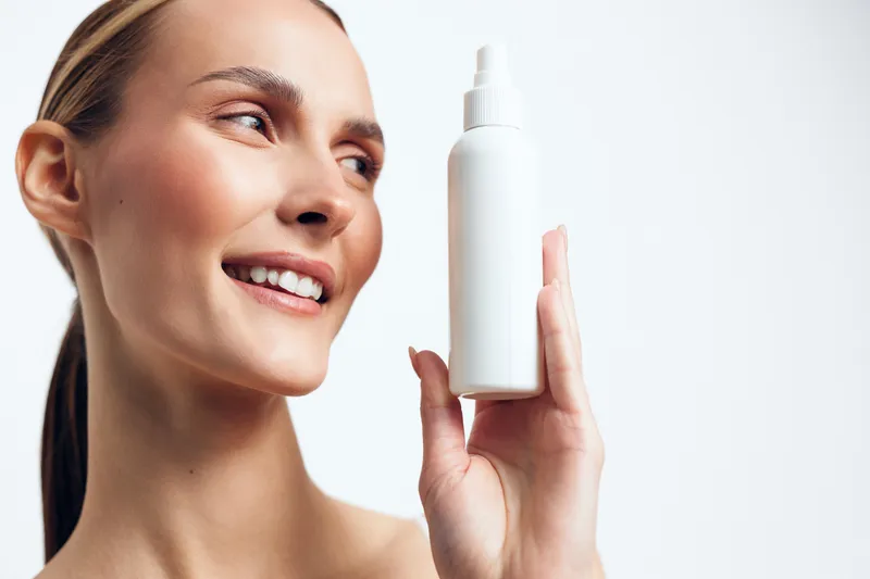 Smiling woman holding white cosmetic spray bottle near face, clean makeup, natural skin, bright studio background, skincare concept, beauty product promotion, fresh look