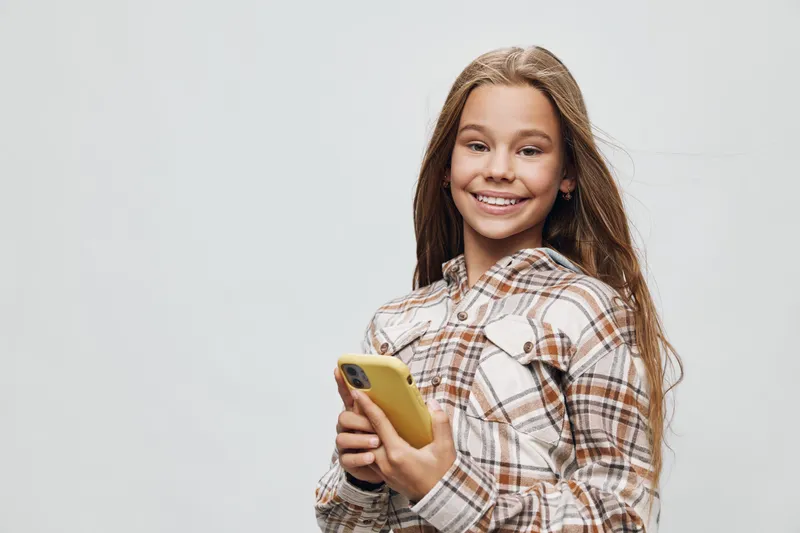 Smiling girl holding smartphone looking at camera with happiness wearing plaid shirt on light background with long hair and natural expression for technology and youth.