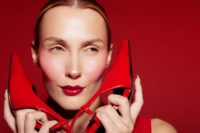 Close-up of a woman with red lipstick holding red high heels near her face on a red background. Concept of fashion, beauty, style, and elegance with vibrant color contrast.