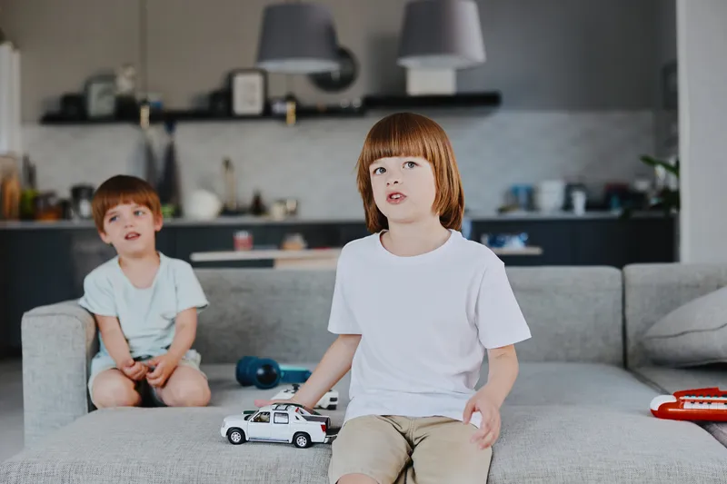 Two young boys playing together in a cozy living room. One boy sits with a toy car, while the other observes. A bright and cheerful environment enhances their playtime.