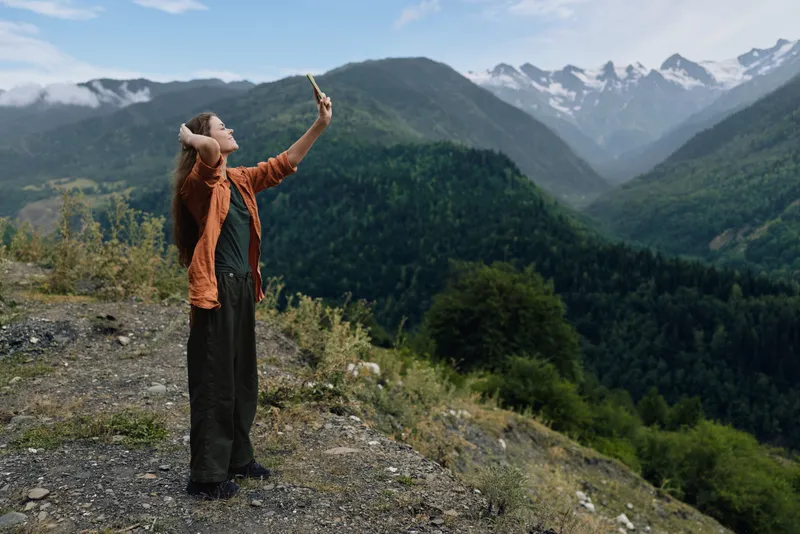 woman mountains selfie nature authenticity inclusivity
