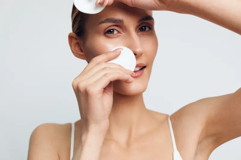 A young woman with brunette hair performs a skincare routine, pressing cotton pads to her cheeks in a bright minimal studio while wearing a white tank top and keeping a calm focused expression