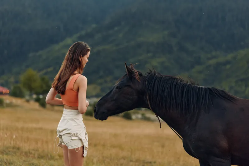 An outdoor scene presents a woman in bright attire standing in a grassy field, sharing a calm moment with a dark horse. The encounter conveys harmony, trust, and gentle curiosity.