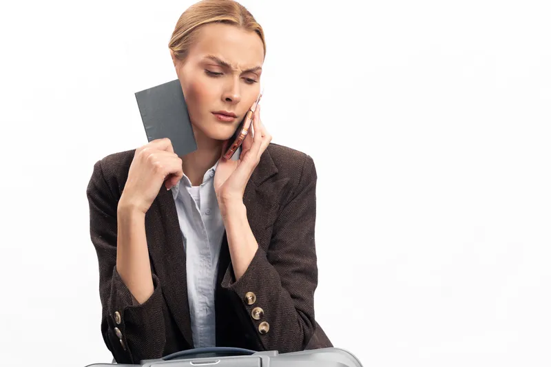 Worried woman in blazer holds passport and talks on phone while sitting with suitcase on white background. Concept of travel stress, planning, and urgent communication.