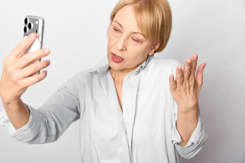 Woman selfie smartphone older surprised gesture portrait communication technology social studio white background, holding smartphone, shocked facial expression, hand raised pose, closeup