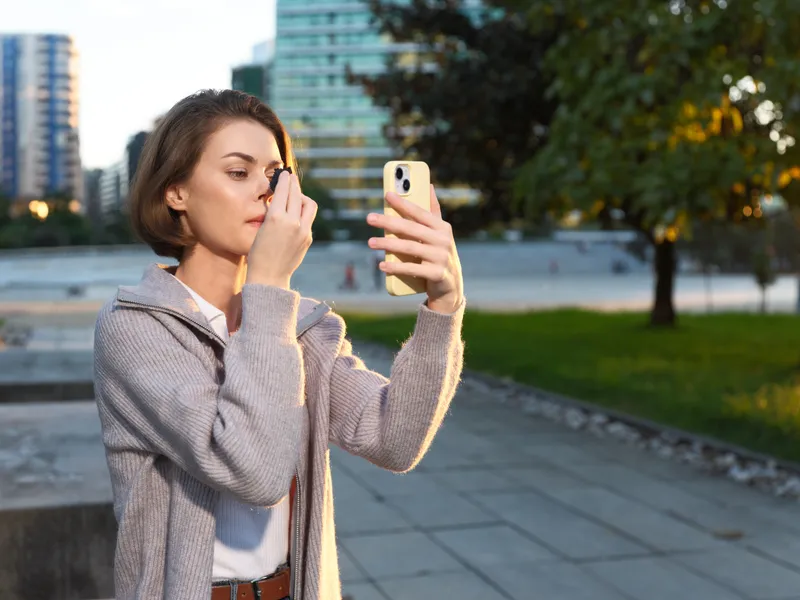 An urban woman applies makeup outdoors, looking into a smartphone screen. She stands on a paved path with modern buildings and trees in the background, presenting a confident, stylish presence.
