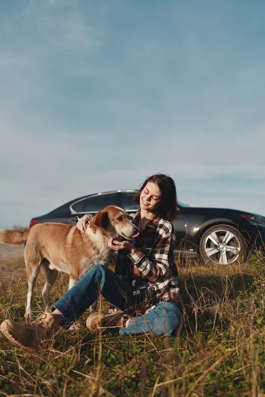 Woman sitting in tall grass with a dog by her side enjoying a sunny outdoor moment in a countryside field near a car warm relaxed atmosphere candid lifestyle moment