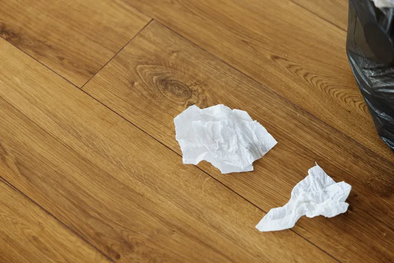 Crumpled tissue and litter on a wood floor beside a black trash bag, closeup of discarded paper and household garbage, messy flooring and small domestic waste in living space.