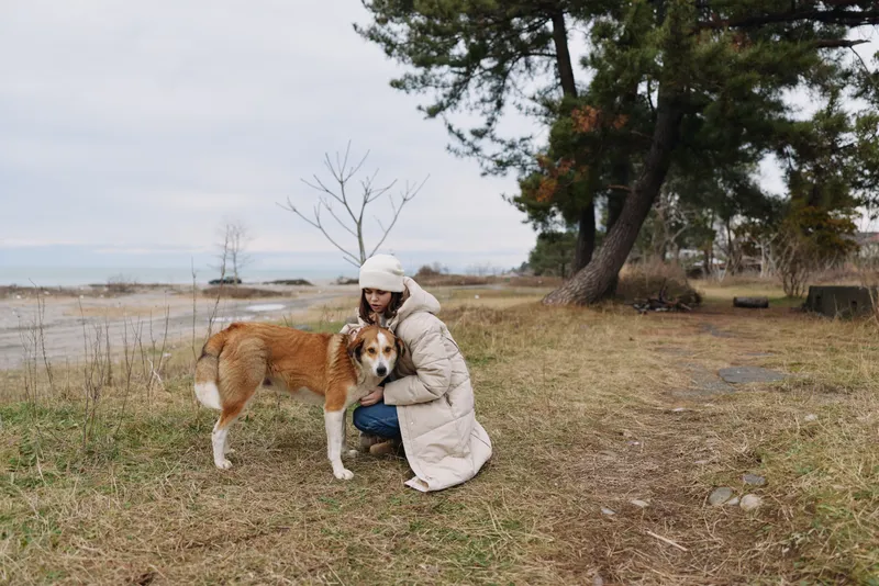 Woman in a warm coat and hat crouches beside a dog on a windy lakeside park, sharing a gentle moment of companionship as bare trees and soft grass frame a calm winter landscape.