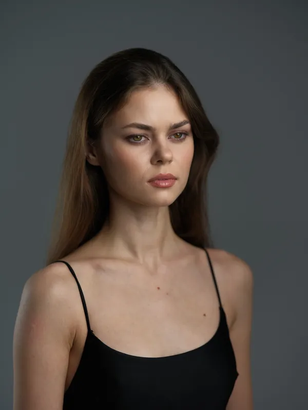 portrait of a young woman with long hair wearing a black dress against gray background