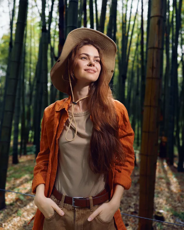 woman hat bamboo forest portrait smile nature hair redhead wearing straw hat and rust jacket, hands in pockets, peaceful outdoor scene with sunlight among tall green stalks