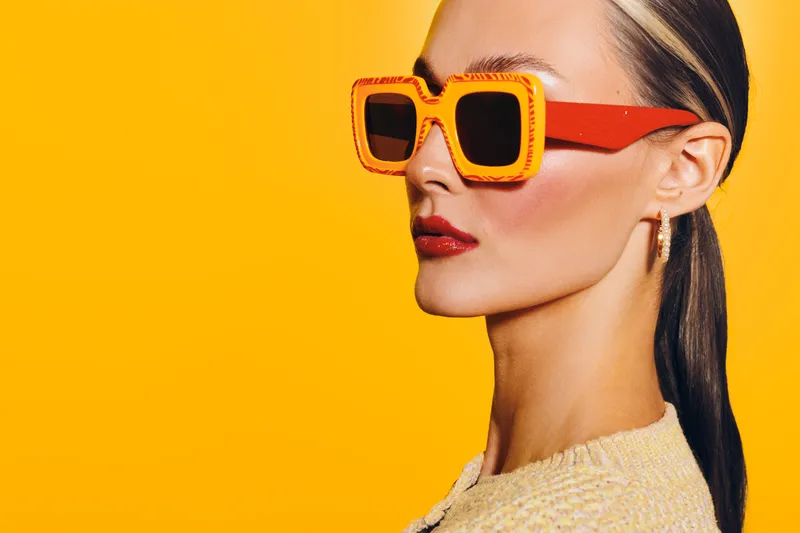Stylish woman with slicked back hair wears oversized orange sunglasses and red lipstick against bright yellow background. Concept of fashion, summer style, and confident attitude.