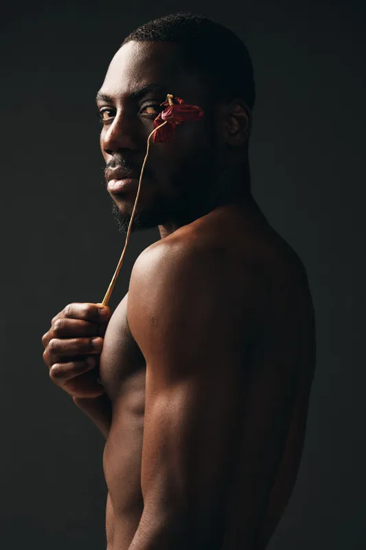 African man with dark skin holding red flower near face in creative conceptual visual style. Portrait of shirtless male model with artistic expression and moody lighting on black background.