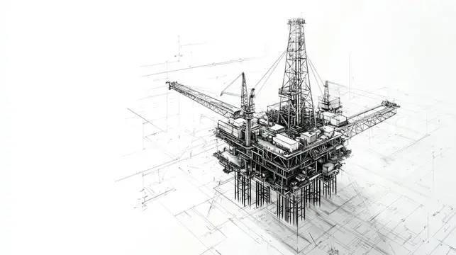 Чертеж нефтяной платформы с кранами и буровой вышкой