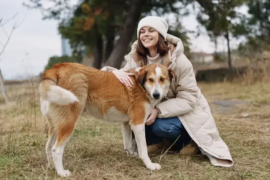 Улыбающаяся женщина на улице в парке с дружелюбной собакой