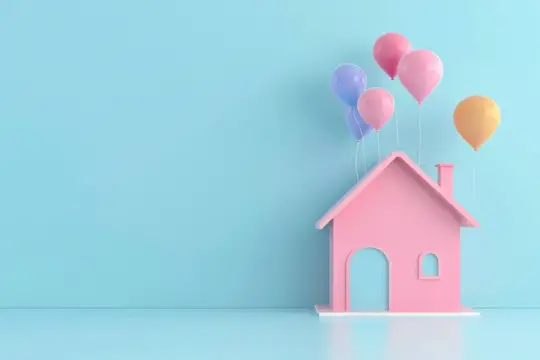 3D-рендер розового домика с воздушными шарами на голубом фоне