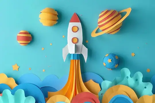 Бумажная ракета летит среди разноцветных планет на голубом фоне