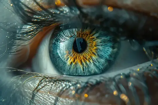 Крупный план голубого глаза с золотисто-карими лучами и мокрыми ресницами