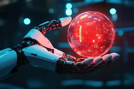 3D-рендер роботизированной руки, держащей светящуюся красную сферу