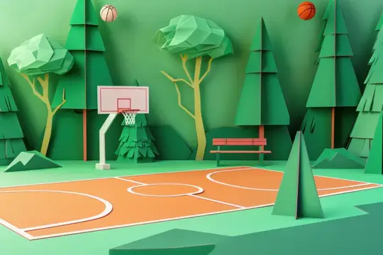 3D-иллюстрация баскетбольной площадки с деревьями и мячами