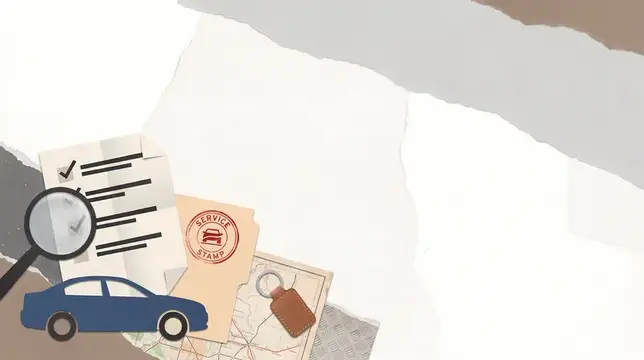 Иллюстрация с синим автомобилем, документами, печатью и лупой на фоне карты