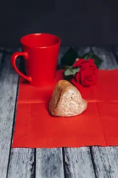 Красная кружка, печенье и роза на деревянном столе