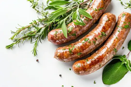 Сырые колбаски с розмарином и тимьяном на белом столе