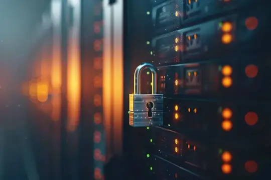 3D-рендер навесного замка на серверной стойке с мигающими индикаторами