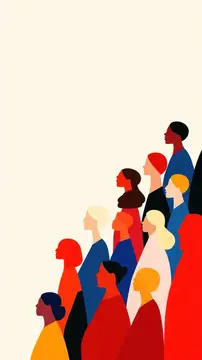 Иллюстрация с группой разноцветных людей, смотрящих вверх