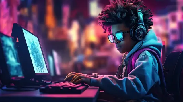 Темнокожий мальчик в наушниках и очках играет за компьютером